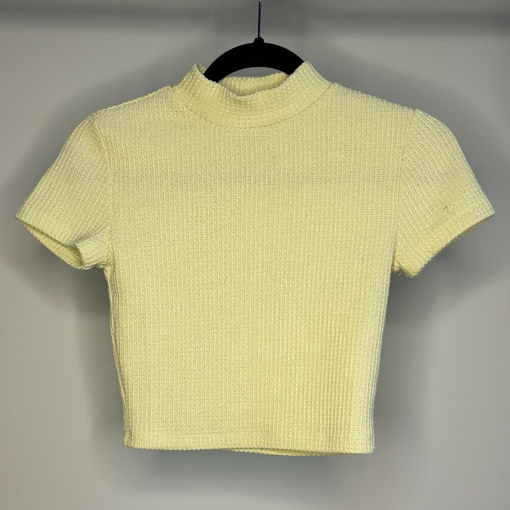 Forever 21 Neon Yellow/Green Cropped Tight Waffle Mock Neck Short Sleeve Top